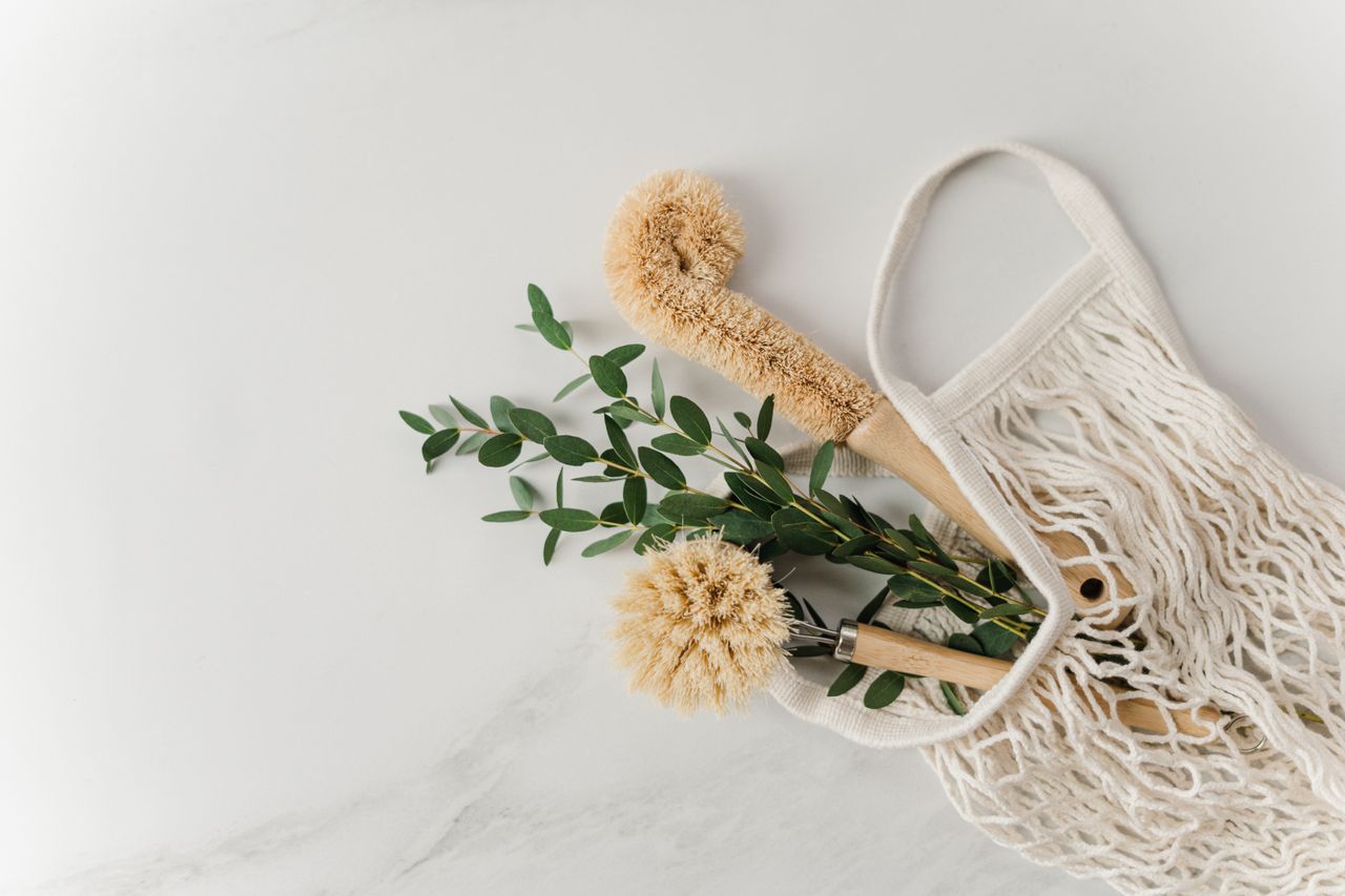 why-choose-us-02 Brosses de nettoyage écologiques et branches d’eucalyptus dans un sac en filet réutilisable sur une surface blanche.